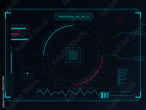 Display showing tactical operating system version 4.2 with system stability, time, and network load readouts