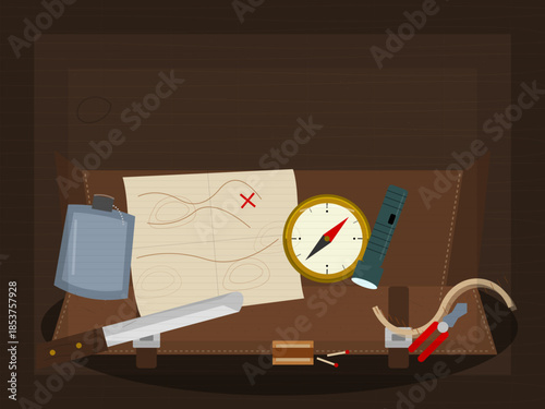 Tools and map on a wooden table ready for a treasure hunt adventure in a dimly lit room