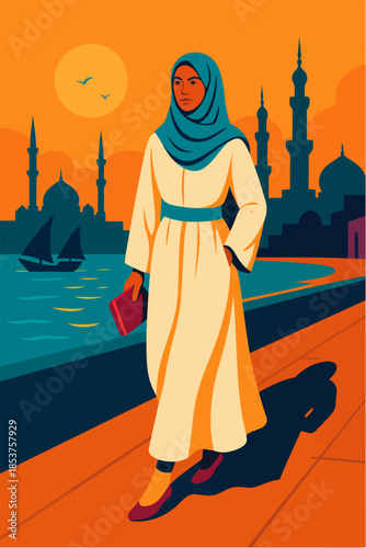 Muslim Woman Standing In City With Mosque Background Illustration