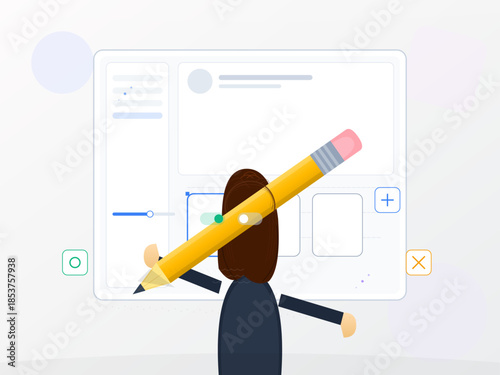 Person drawing on a digital screen with a pencil while creating a design layout in a modern workspace