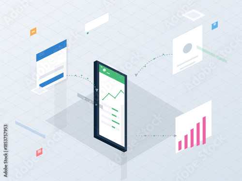 Digital interface showing user interaction with data, charts, and notifications in a modern app design