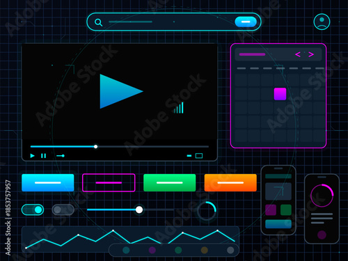 Design elements for a video player interface with controls and graphs on a dark background