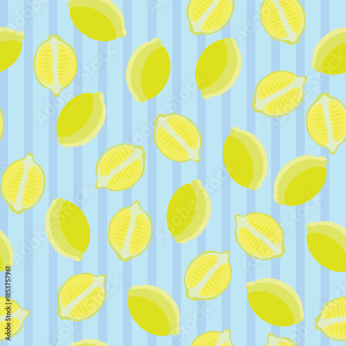 Lemon seamless citrus vector pattern on striped background. Hand drawn illustration with lemons.	