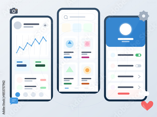 Display of three smartphone screens showing different app interfaces and features for user interaction and data visualization