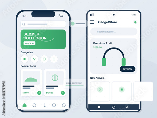 Smartphone screens show online shopping features for summer collection and premium audio items at a gadget store