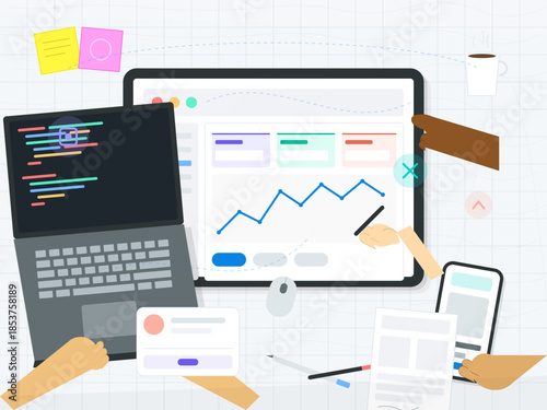 Team members collaborate on a digital project using devices, charts, and notes in an office setting during daytime