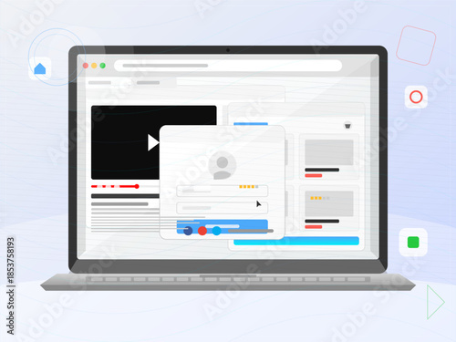 Website design showing a user interface with video content and interaction options on a laptop computer