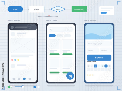 User interface design for a mobile application showing login and dashboard features on a grid layout