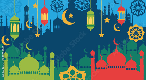 Ramadan Kareem Background with Colorful Mosque Silhouettes and Lanterns