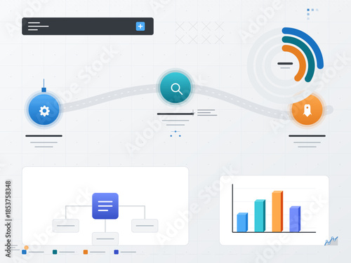 Colorful graphics showing data analysis, search functions, and security features for website development and management tasks