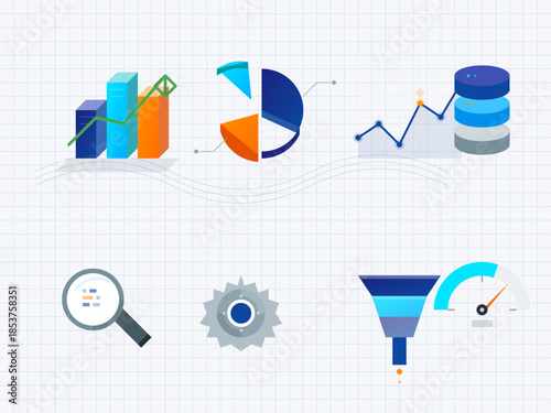Data analysis and visualization tools shown in various icons on a grid background
