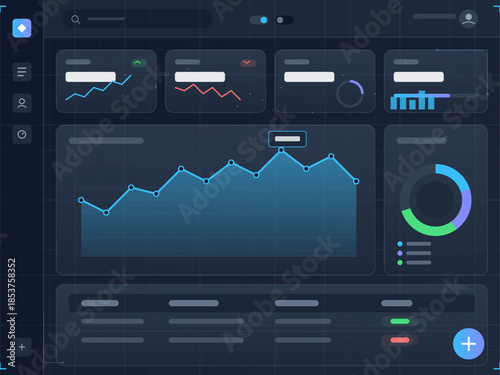 Data visualization dashboard shows analytics trends and charts from different metrics in dark mode layout for user insights