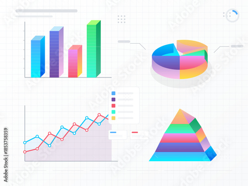Colorful data visualization showing various types of charts and graphs used for analysis and reporting in a digital format