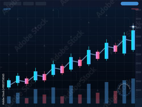 Stock market trend chart shows price changes over time in blue and pink colors with detailed data analysis markers and timestamps