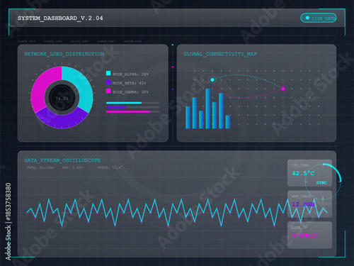 System dashboard showing network load distribution and global connectivity map with data stream oscilloscope readings