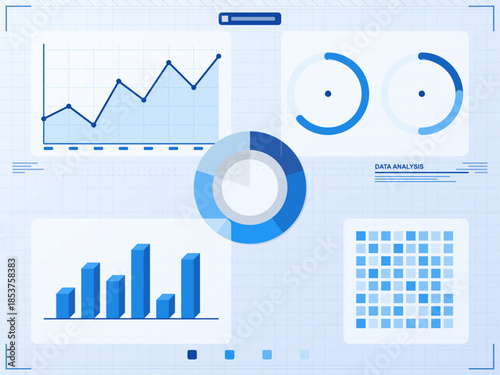 Charts and graphs showing data analysis results on a blue background with various visual elements