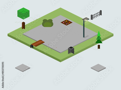 Small park scene with a bench, tree, trash can, and a light post in a simple playground area