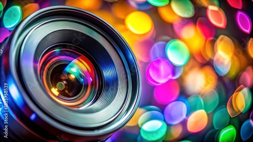Close-Up of Camera Lens with Colorful Bokeh Background Effects