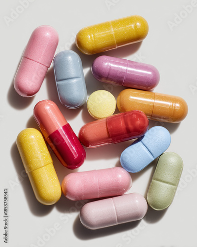 colorful capsules and pills isolated on white background, 
assorted vitamin supplements and medicine capsules top view, multicolored pharmaceutical pills and capsules flat lay
