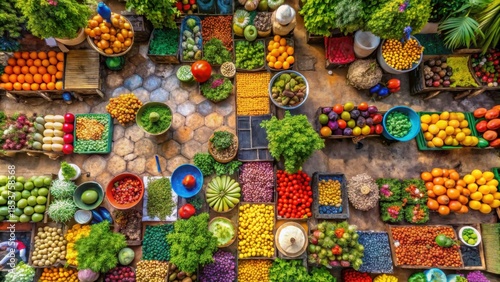 Vibrant Marketplace with Fresh Fruits and Vegetables in Sunny Location