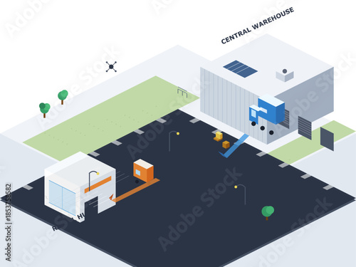 Layout of a central warehouse area with delivery truck, storage units, and open space