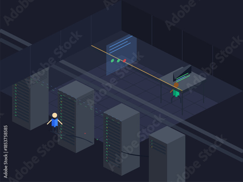 Person in data center monitors servers and checks status on screens during nighttime operations