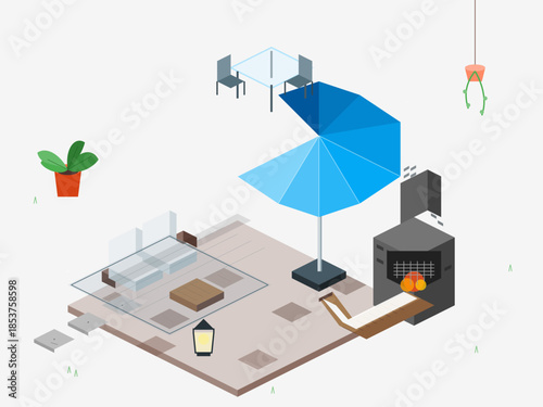 Modern outdoor space with lounge area, dining table, and barbecue grill during sunny weather