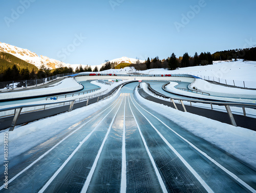 Quadro su tela Modern ice bobsled and luge track nestled in a snowy alpine mountain landscape with winter forests under a clear blue sky