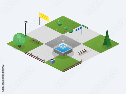 Park scene with fountain, benches, trees, and signs in a public area, created in a flat design style