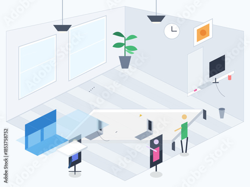 Modern office space design with desk setups and plants for improved work environment and productivity