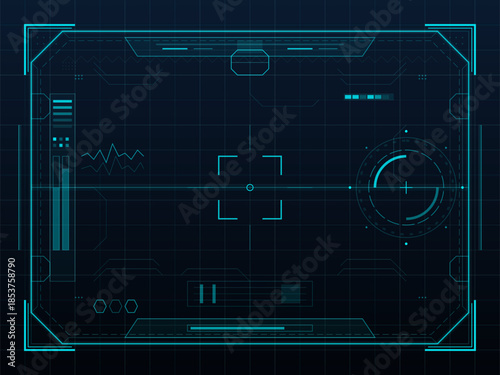 User interface design layout for a digital screen displaying data and controls in a futuristic style