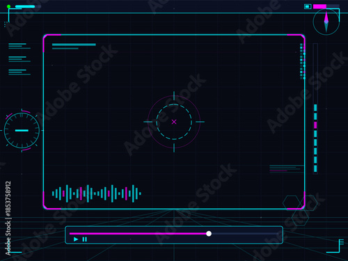 Display shows digital interface with playback controls and audio waveforms in a futuristic design setting
