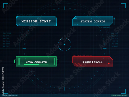 Mission control screen displays options for starting a mission and managing system settings in a digital interface