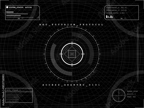 Futuristic interface display with protocols and access grant information in a technical setting