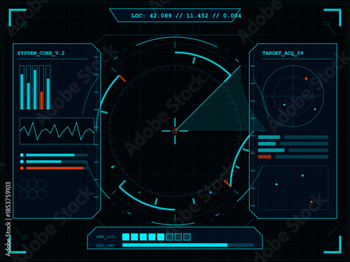 Display shows data and system metrics on a digital dashboard for monitoring targets in a tracking system