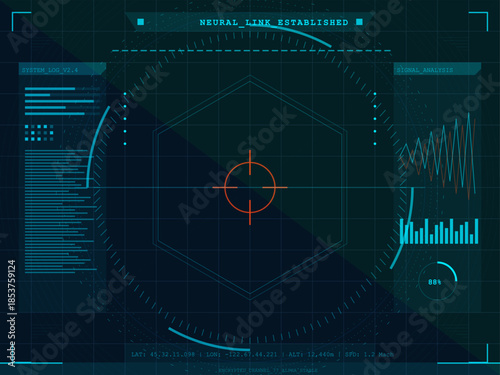 Display of digital monitoring system with data readings and graphics showing various metrics and information