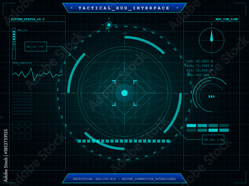 Tactical interface display showing system status, navigation, and encryption details in a digital format