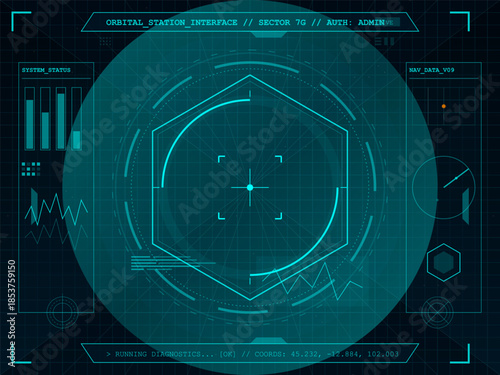 Display showing diagnostics data for orbital station in sector 7G with real-time navigation system updates and status indicators