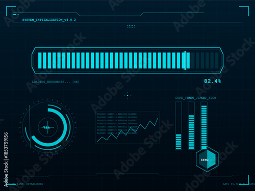 System installation process on a digital display with progress indicators and loading information shown in a futuristic style