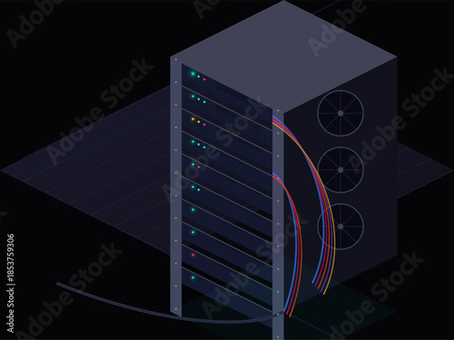 Server rack with colored cables in a dark setting featuring multiple network connections and airflow fans
