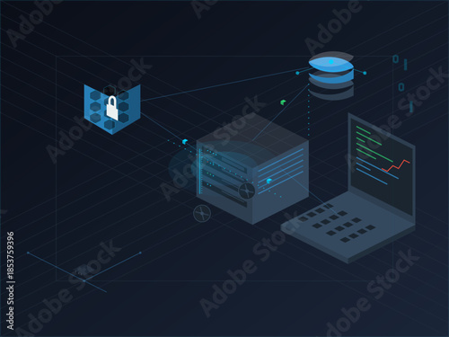 Network system showing data flow and monitoring with server and laptop in workspace