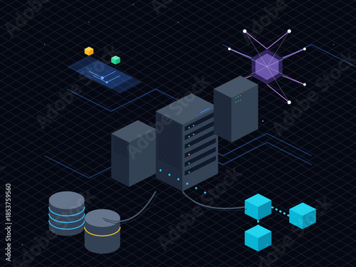 Server infrastructure with data storage and network connections in a digital environment