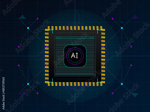 Digital circuit board design displays a central AI chip with surrounding connections and data points in a tech environment