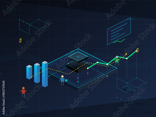 Graphs and figures show data trends in a digital setting with icons representing people and financial elements
