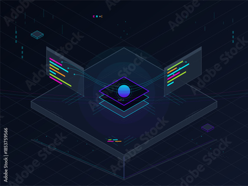 Visual representation of data processing and coding in a digital environment with graphics and abstract elements
