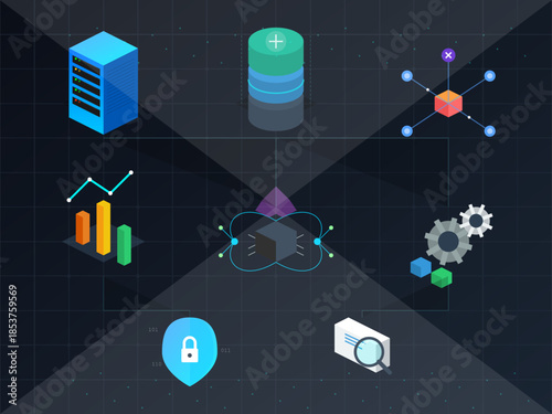 Digital technology icons representing data management, analytics, and cybersecurity on a dark background with grid lines