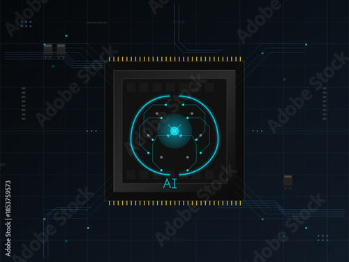 Artificial intelligence chip on a circuit board with glowing elements at a tech lab during the day