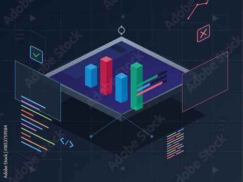 Data visualization of bar charts and data trends in a digital environment with lines of code displayed around it