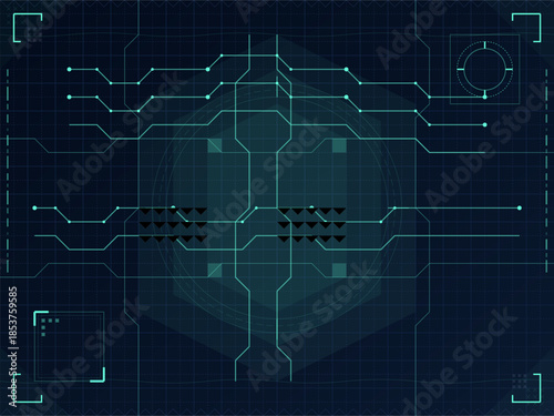 Circuit board design with lines and shapes on dark background showing technology concept in a digital space
