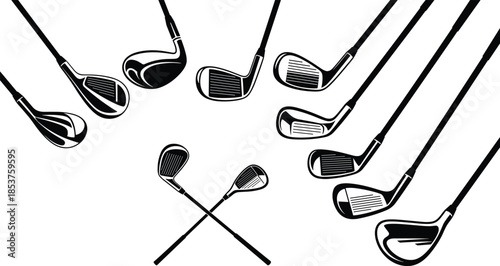 Golf club silhouette set, iron wood driver equipment collection, black white vector illustration, professional golf sport design elements, isolated icons